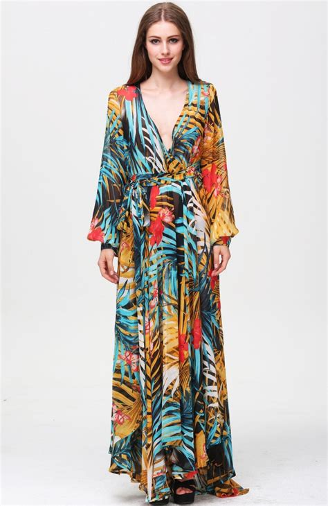 Multicolor V Neck Long Sleeve Floral Maxi Dress Emmacloth Women Fast
