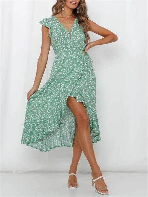 Green Maxi Dresses Ditsy Floral Print V Neck High Low Summer Dress