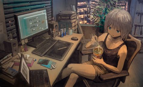 Aesthetic anime hd wallpapers for free download. Wallpaper : anime girls, computer, city, urban, eating ...