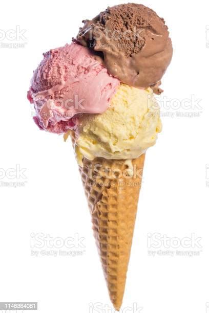 Front View Of Real Edible Ice Cream Cone With 3 Different Scoops Of Ice