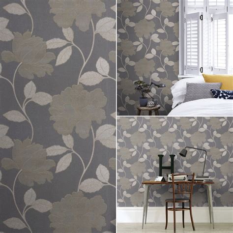 Muriva Grey Silver Gold Floral Leaf Textured Muriva Feature Wall Vinyl
