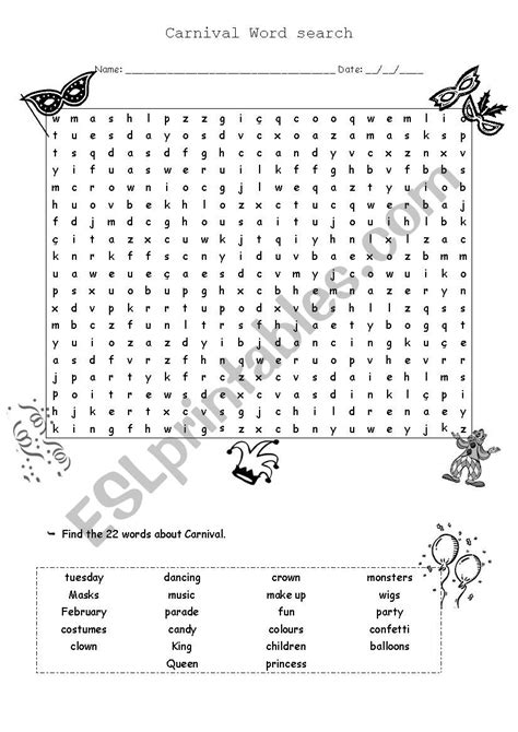 Carnival Word Search Free Printable