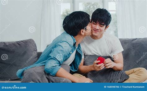 Young Asian Gay Couple Propose At Home Teen Korean Lgbtq Men Happy Smiling Have Romantic Time