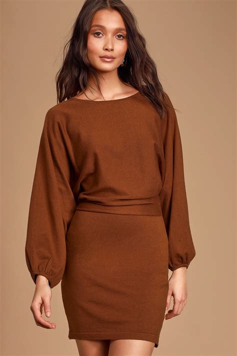 Cute Brown Sweater Dress Mini Sweater Dress Long Sleeve Dress Lulus