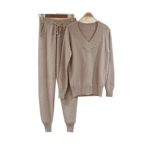 2018 Knitted Suit V Neck Sweater Pants Set Winter Woolen And Cashmere