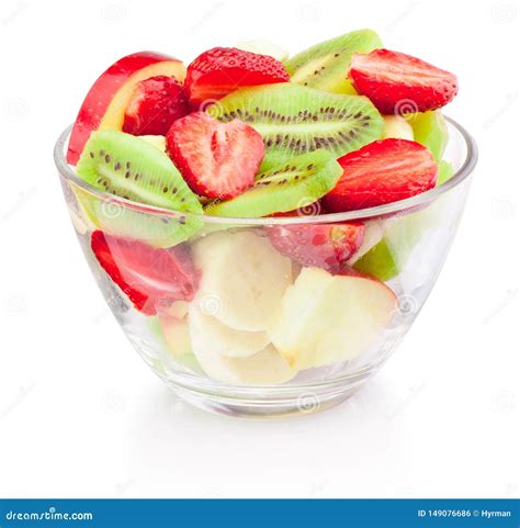 Fresh Fruit Salad In Glass Bowl Isolated On White Background Stock