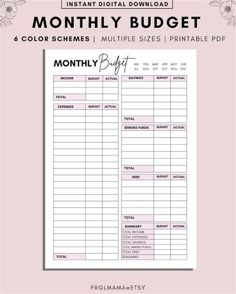 Monthly Budget Overview Template Printable Budget Binder Etsy