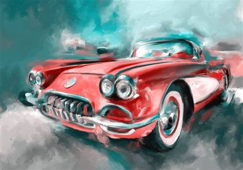 Retro Car Painting Red Vintage Car Print Toddler Room Wall Decor