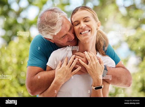 Garden Marriage And Retirement Couple Hug For Love And Affection In