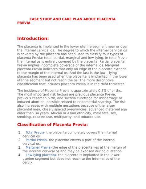 Placenta Previa Case Study And Care Plan Case Study And Care Plan