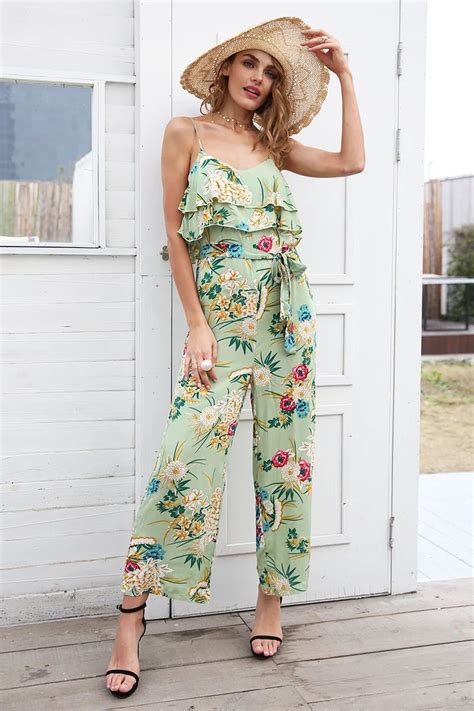 Summer Jumpsuit Women Long Pants Floral Print Rompers Beach Casual Jumpsuits Sleeveless