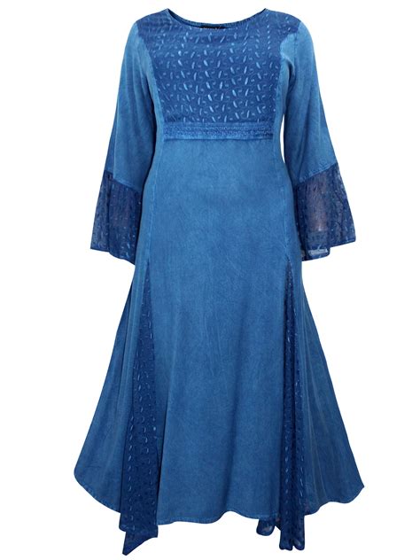 Eaonplus Antique Blue Embroidered Panelled Bell Sleeve Dress Plus
