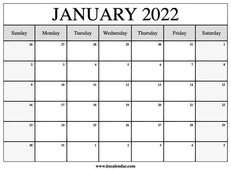 Printable Calendar January 2022