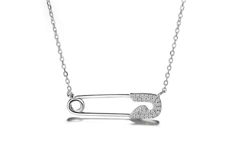 Sterling Silver Safety Pin Pendant Necklace Made W Swarovski Crystals