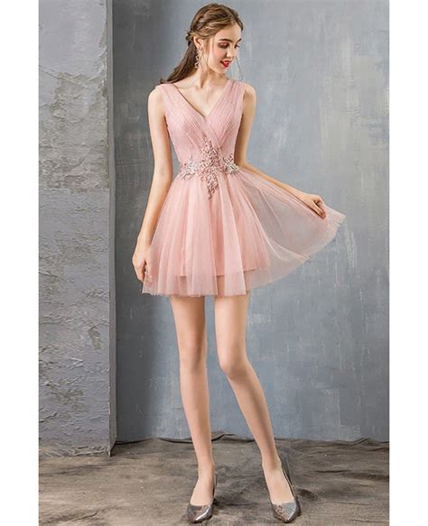Pretty Short Tulle Pink Prom Dress Cute Pleated Vneck Dm