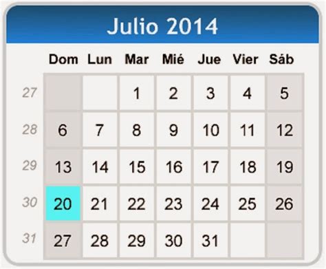 Calendario De Julio 2014 Con Fechas De Dias Festivos De Julio 2014