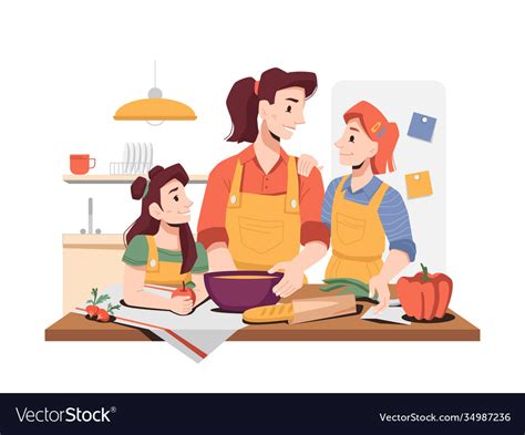 Daughters Helping Mother To Cook Food In Kitchen Vector Image