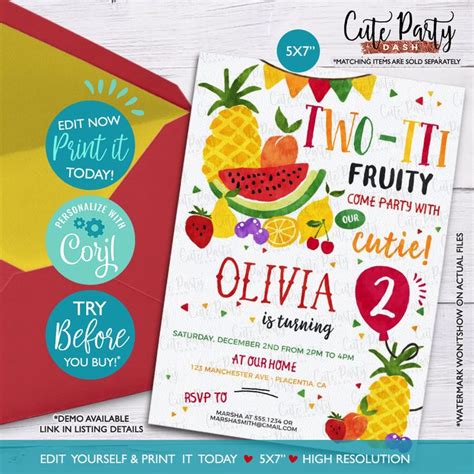 Two Tii Fruity Birthday Party Invitation With Envelope And Stickers