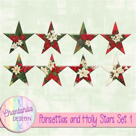 Poinsettias And Holly Stars Set 1 Chantahlia Design