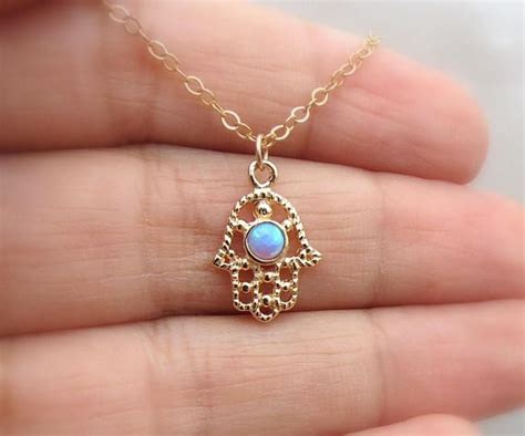 Hamsa Necklace Blue Opal Gold Evil Eye Pendant Lot Of Luck Charm
