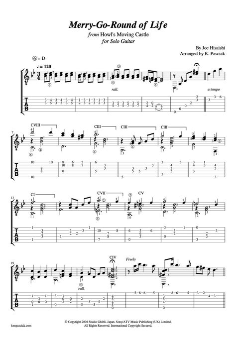 merry go round of life from howl s moving castle for guitar sheet music and tablature sheet