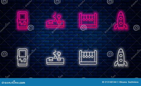 Set Line Gamepad Pendulum Tetris And Rocket Ship Glowing Neon Icon
