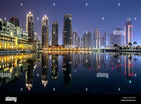 Cityscape With Burj Khalifa At Night Dubai United Arab Emirates Stock