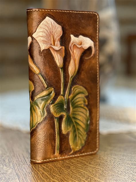 hand carved flower leather art billfold etsy in 2021 leather art leather tooling patterns