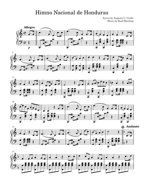 Himno Nacional De Honduras Himnos Nacionales Sheet Music For Piano