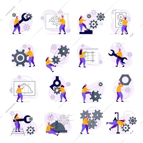 Engineering Icons Set With Technology Symbols Flat Isolated Vector