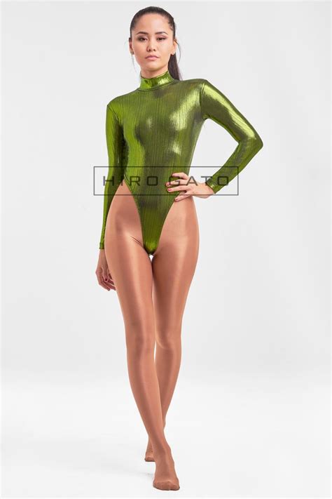 Hiro Gato High Leg Leotard Green Shiny Spandex Lycra Light