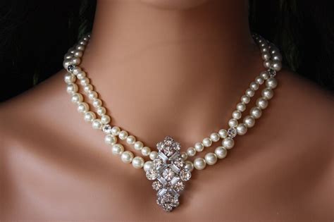 Pearl And Rhinestone Bridal Necklace Choker With Brooch Center Etsy