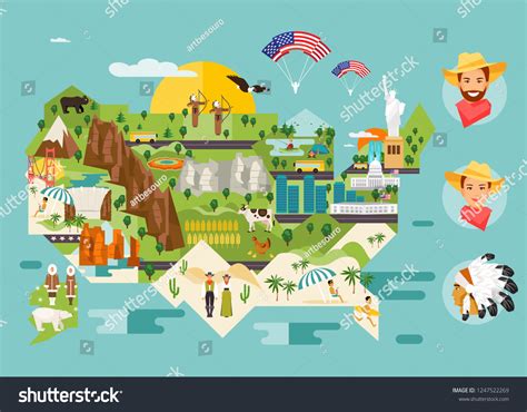 America Illustrated Map Attractions Travel Infographics Stock Vector