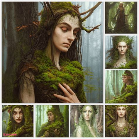Portrait Elven Witch Lady Wood Branch Moss Plants 4k Oil On Linen By