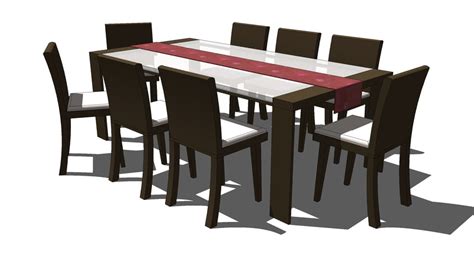 The dining table should be 8feet by length and 4feet by breadth to accommodate 8 seats with four on each side length wise and two seats opposite to each other. DINING TABLE (8-SEATER) | 3D Warehouse