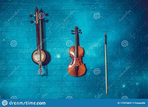 Violin In Front Of Blue Brick Wall Classical Music Concert Poster With