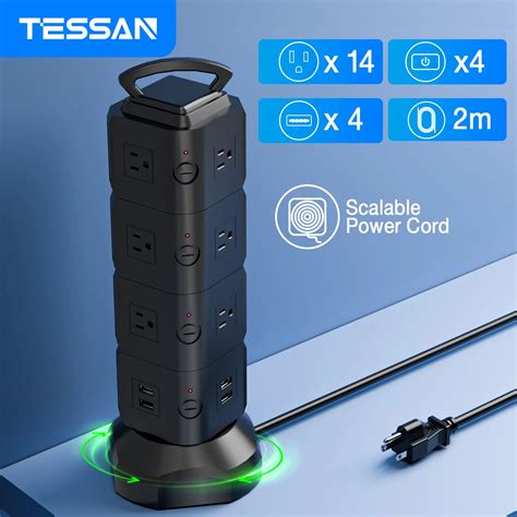 TESSAN US Multi Outlet Tower Power Strip Cabo De Extens O Retr Til 14