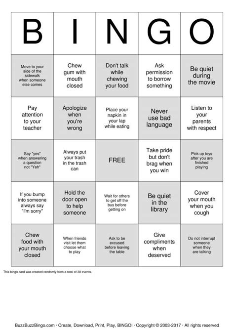 Mind Your Manners Bingo Cards To Download Print And Customize