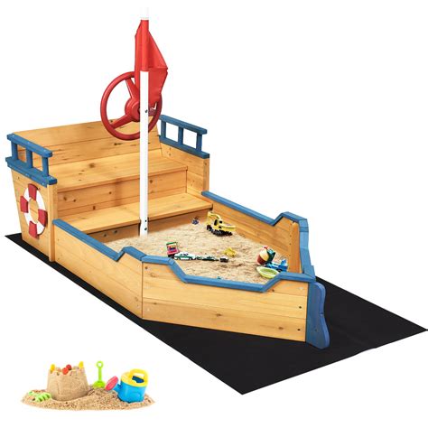 Costway Kids Pirate Boat Wood Sandbox W Bench Seat And Flag Wooden