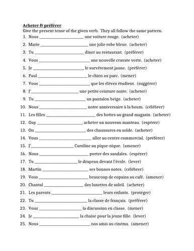 Acheter Et Préférer French Verbs Worksheet Teaching Resources