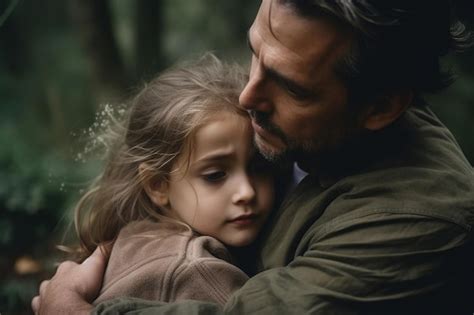 Un Padre Y Su Hija Se Abrazan En El Bosque Foto Premium