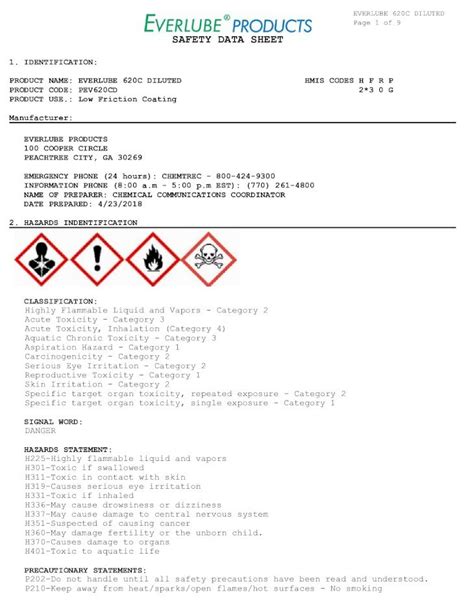 PDF PRODUCT NAME EVERLUBE 620C DILUTED HMIS Safety Data Sheet