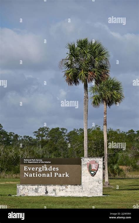Everglades National Park Monument Sign At Main Park Entrance At Ernest