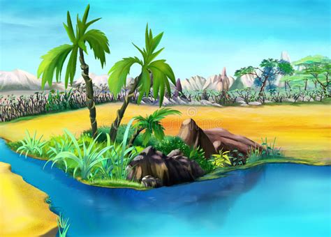 Two Palm Trees In The Desert Oasis Day Stock Illustration Image 70540046