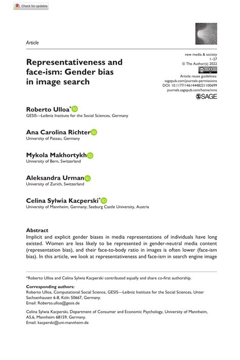 PDF Representativeness And Face Ism Gender Bias In Image Search
