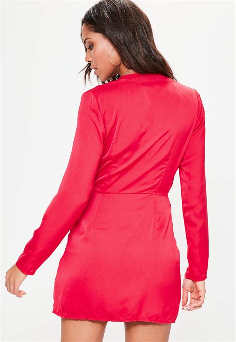 Lyst Missguided Silky Plunge Wrap Shift Dress Red In Red