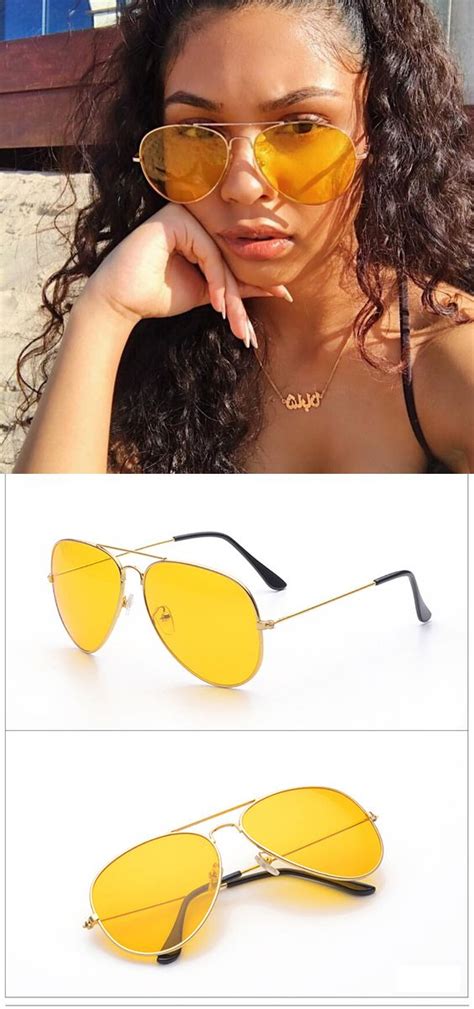 2017 Vintage Pilot Women Sunglasses Yellow Lens Metal Frame Men Eyewear