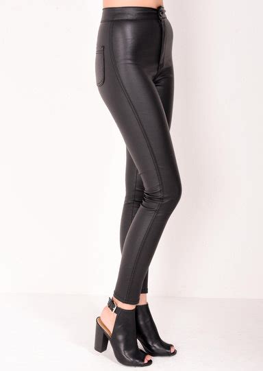 high waisted faux leather look jeans black