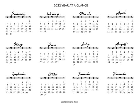 2022 Year Calendar Yearly Printable 1 Year Calendar At A Glance Ten