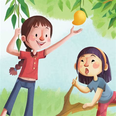 Two Children Reaching For An Orange Hanging From A Tree Branch With One